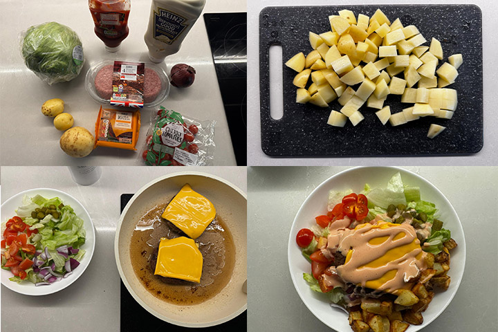 A collage of pictures of the different steps of making a cheeseburger salad.