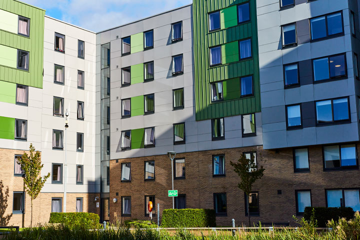 The Green, Bradford's on-campus accommodation in the sunlight