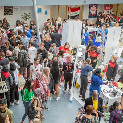 An aerial photo of students in the Student's Union