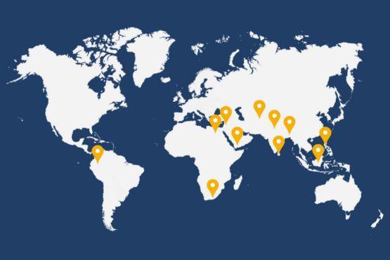 A map of the world pinpointing the nationalities of Rotary Peace Fellows