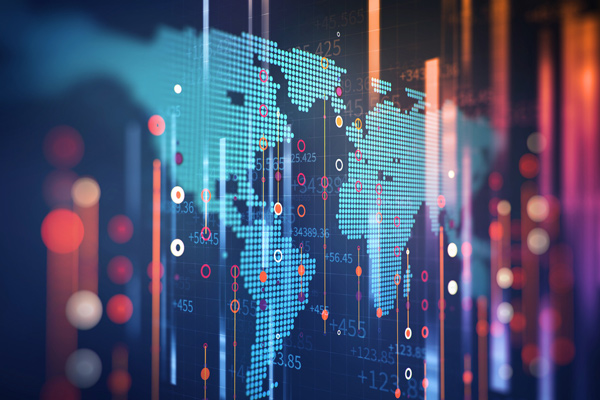 Abstract graphic of digital world map and data to represent IBMB Research Centre