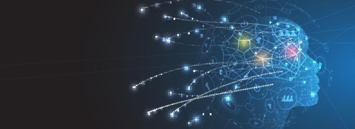 Abstract graphic depicting outline of head with digital connections