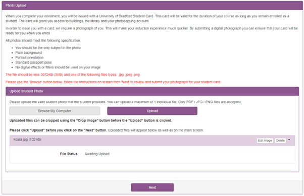 Screenshot of the photo upload section of the online enrolment. An image of a koala is being uploaded to the system. 