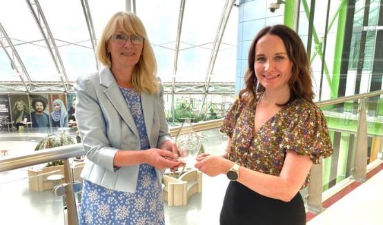 Prof Shirley Congdon (left) with Sarah Jones from the Student Life Team, with the Levelling Up award