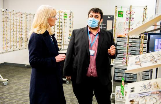 Dr Neema Ghorbani Mojarrad chats to Prof Shirley Congdon at Bradford Eye Clinic