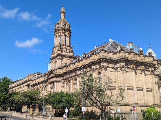 Old Building, Bradford College with a blue sky