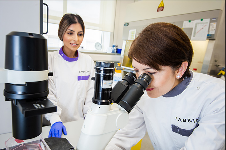 A person looking through a microscope.