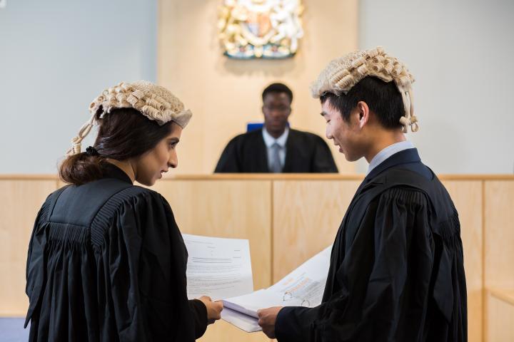 Two law students in the mock courtroom.